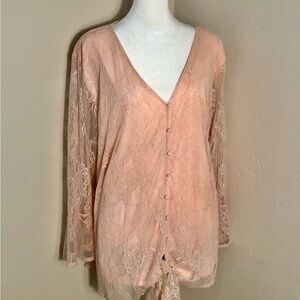 ANDREE BY UNIT pink lace Blouse Stretch Bell Sleeve plus  1X Women long sleeve